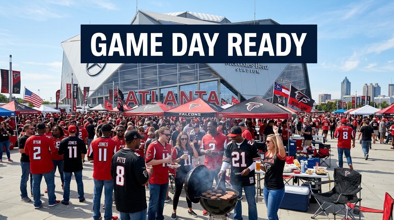 Fans gather for an Atlanta Falcons tailgate party outside Mercedes-Benz Stadium on a sunny game day.