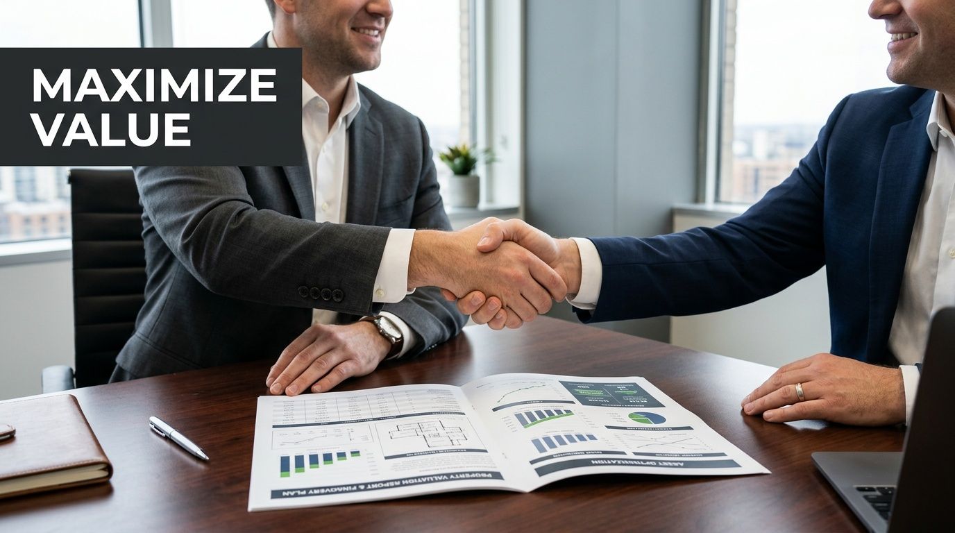 Two professional business men in suits shaking hands over a meeting table with financial analysis documents.